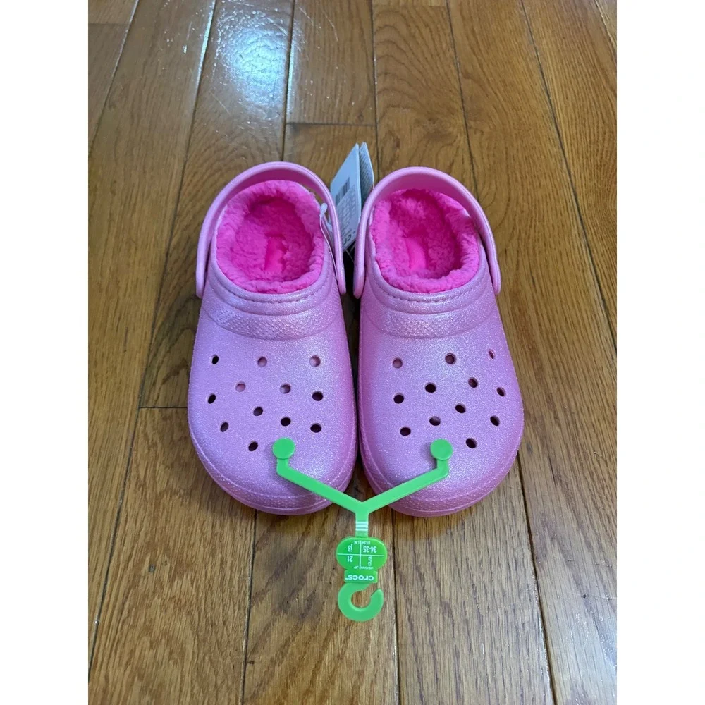 New Crocs Classic Lined Glitter Clog K Kids J3 Pink Sparkle‎ Fuzzy Warm size 3